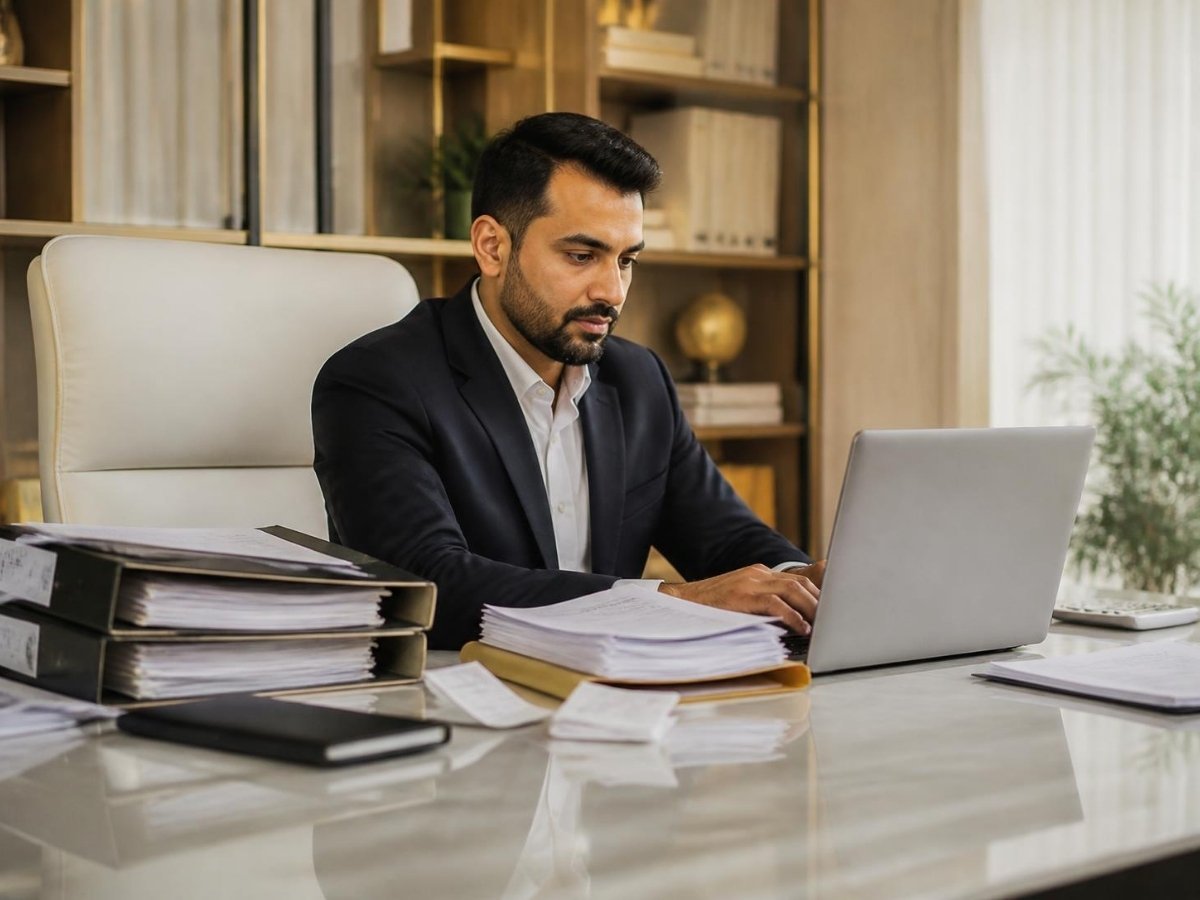 Accountant working beside organised ledgers