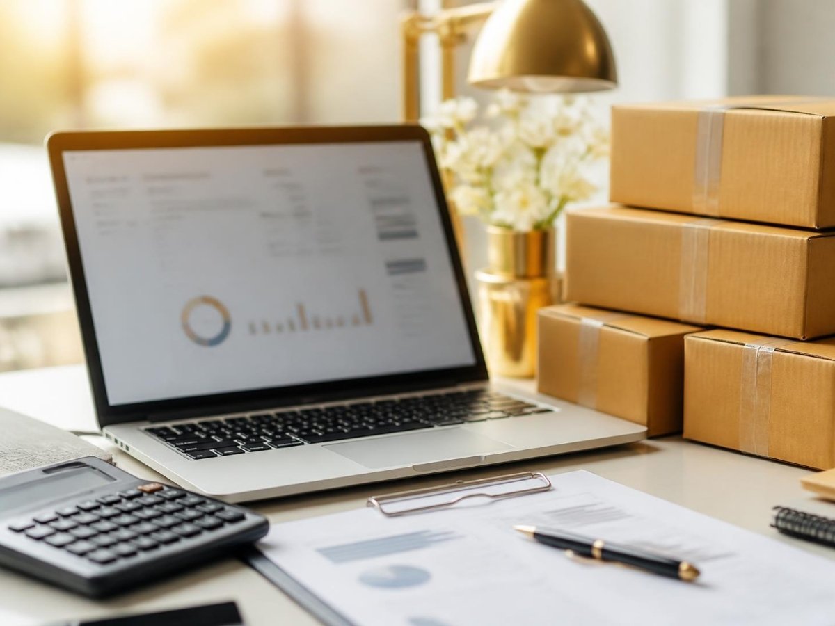 Laptop, parcels and calculator for e-commerce accounting