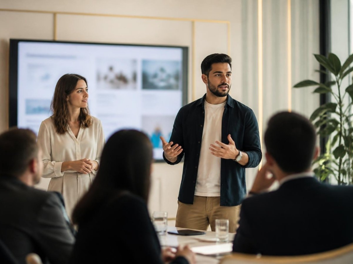 Startup founders presenting to investors