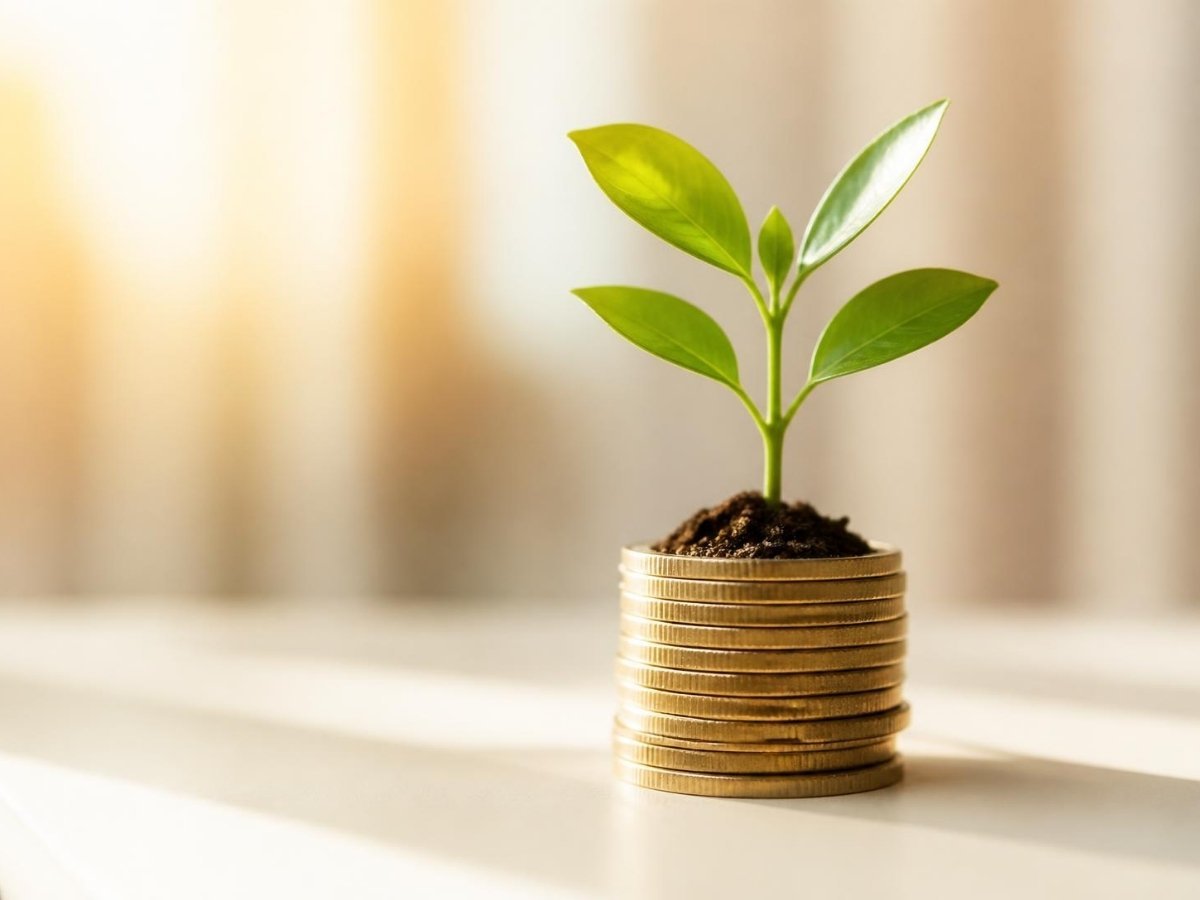 Seedling growing from a stack of gold coins