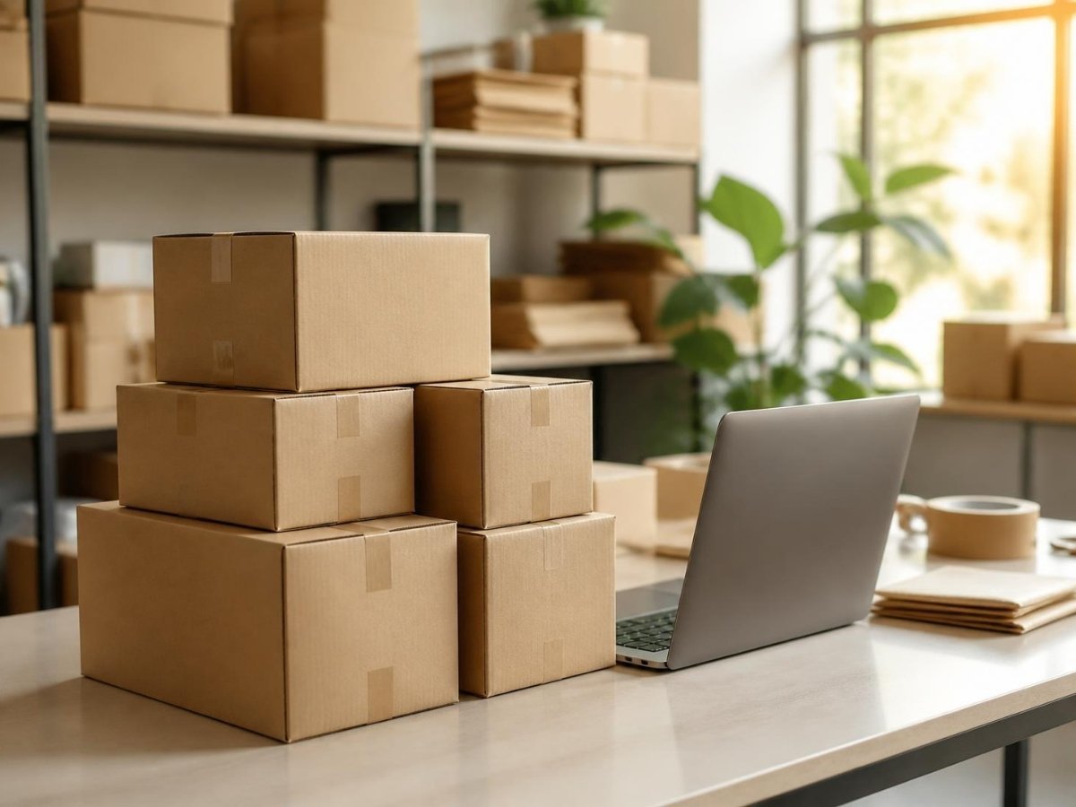 Packed parcels in a bright e-commerce warehouse