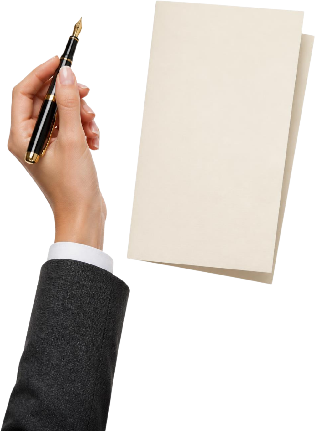Hand holding a fountain pen beside a contract